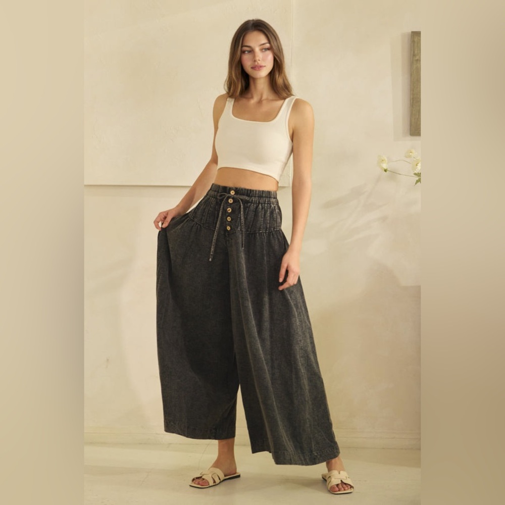 #OB15  Oli & Hali Washed Black Wide-Leg Button-Front Pants